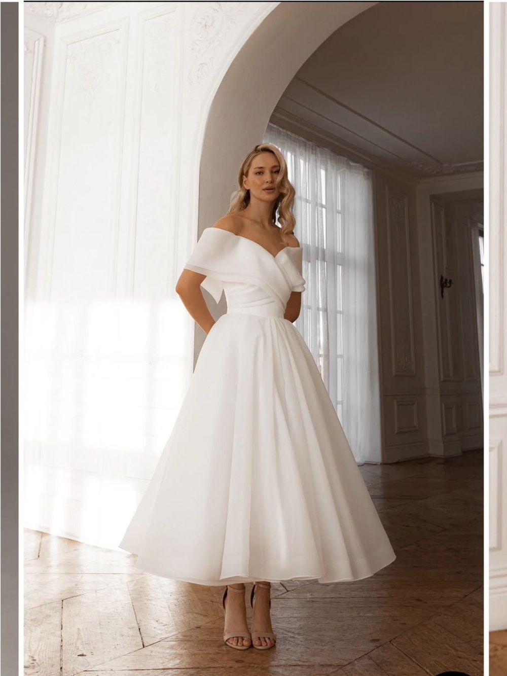 Off-Shoulder White Midi Bridal Dress with Draped Bodice